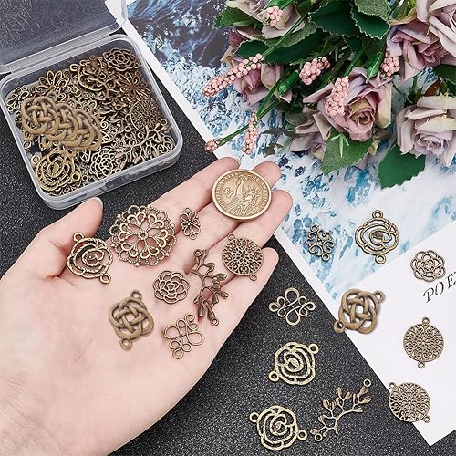 Miniatura 10 de SUNNYCLUE 1 caja de 72 dijes de 12 estilos de conectores de flores conectores de eslabones redondos planos estilo tibetano conectores de hojas para