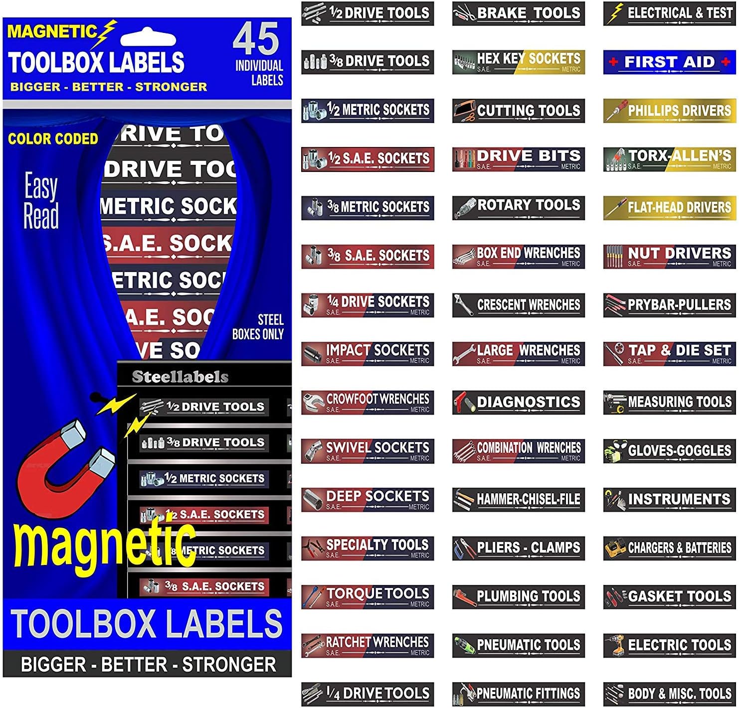 Ultimate Magnetic Tool Box Organizer Labels - Blue Edition organize boxes, drawers & cabinets “Quick & Easy”, fits all brands of ‘Steel’ tool chest Craftsman, Snap-on, Mac, Matco & Cornwell