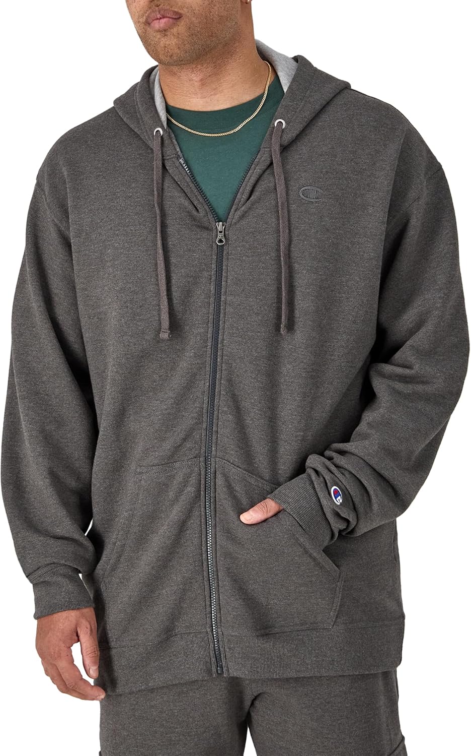 Champion Men's Zip-Up Hoodie, Powerblend, Zip-Up Hoodie Sweatshirt for Men (Reg. or Big & Tall) Standard Medium Granite Heather C Logo