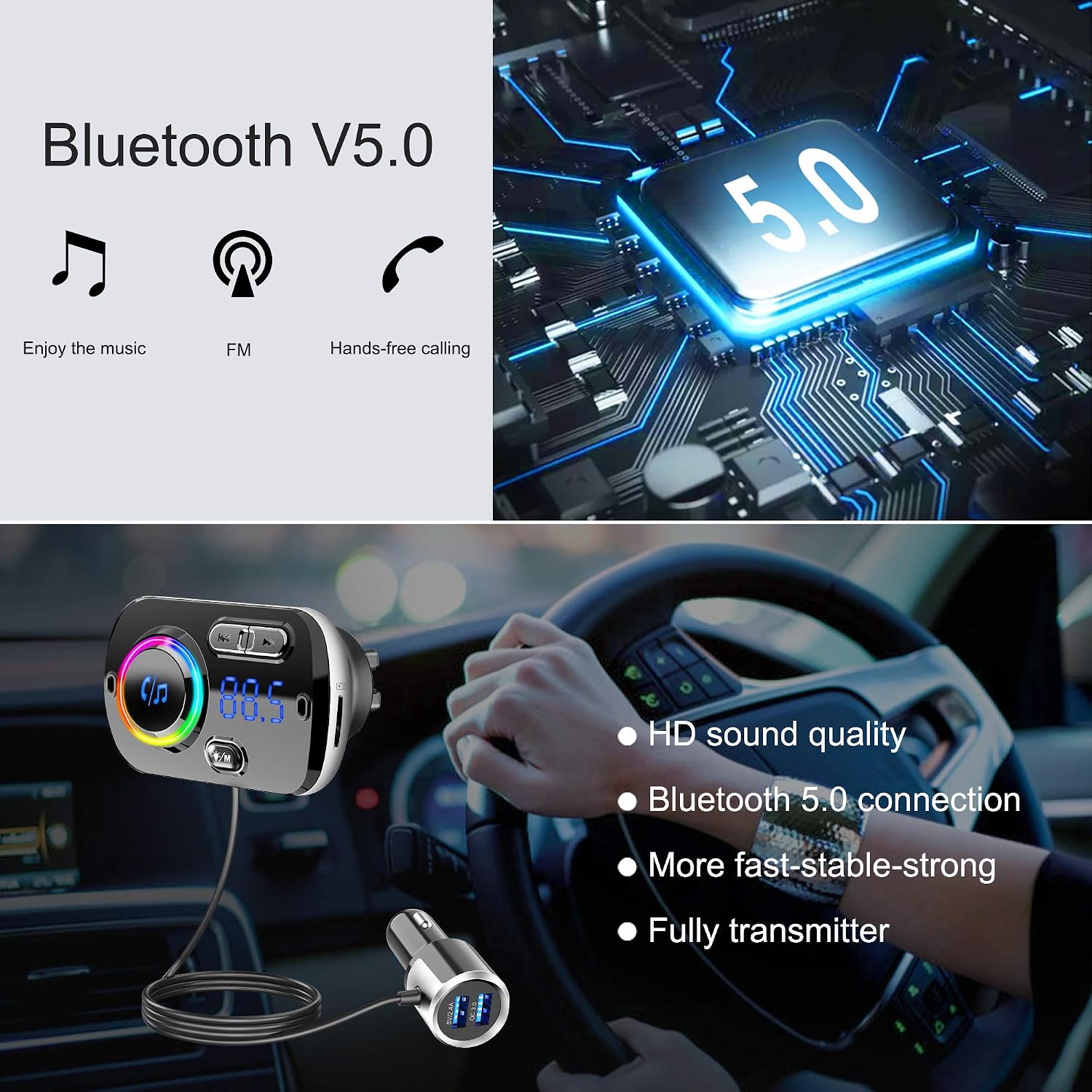 Bluetooth Car Adapter, Wireless Bluetooth 5.0 FM Transmitter for Car, QC 3.0 Fast Car Charger, MP3 Music Player Hand-Free Call 7 Colors LED Backlit Dual USB Ports TF Card AUX