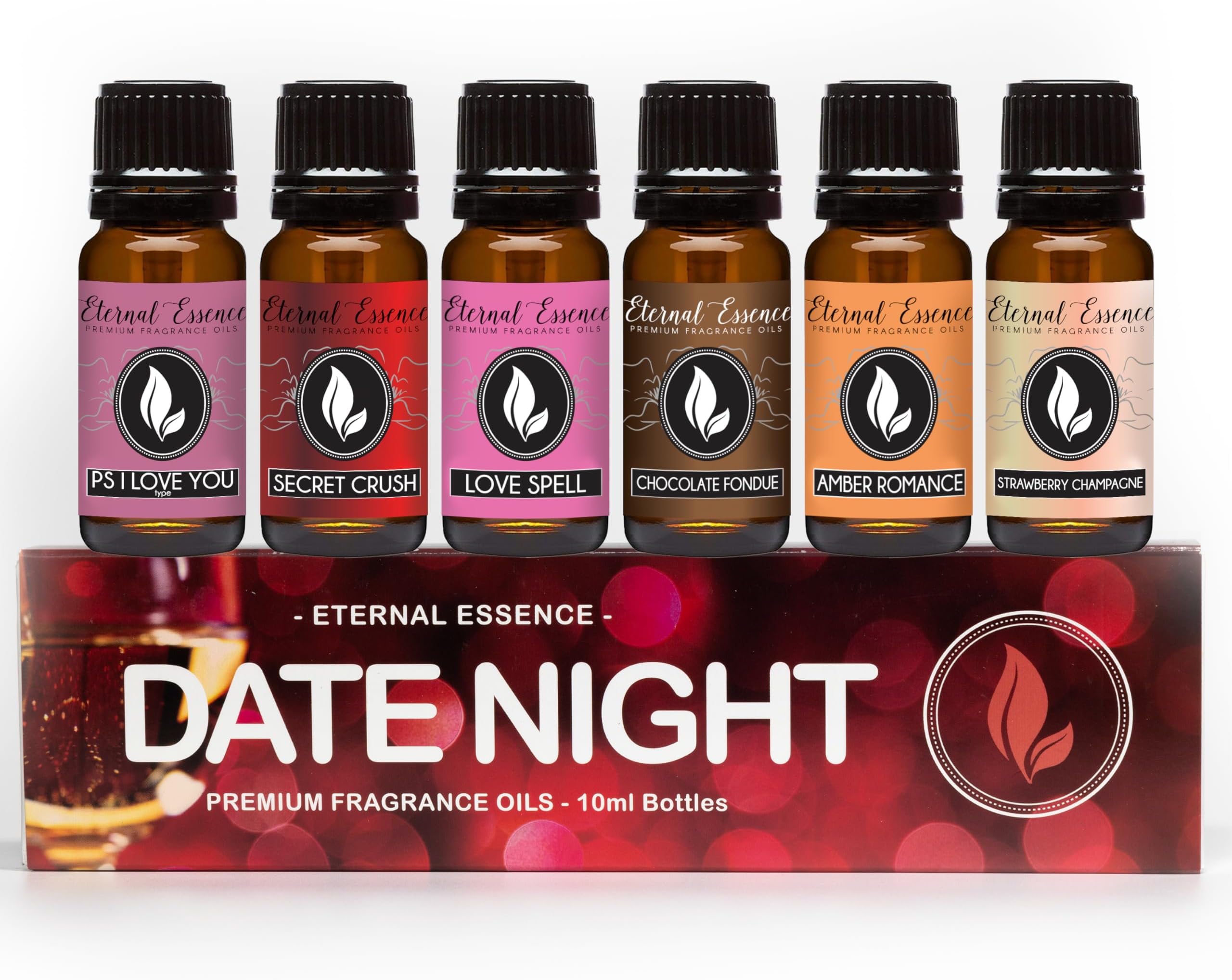 Eternal Essence Oils Date Night Set of 6 Premium Fragrance Oils - Includes PS I Love You, Amber Romance, Secret Crush, Chocolate Fondue, Strawberry Champagne, and Love Spell Scented Oils - 10ML