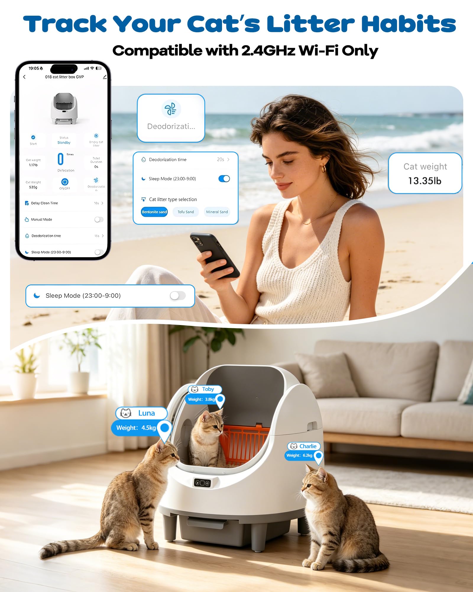 Lettiera Gatto Autopulente, Lettiera Autopulente per Gatti, 68L + 8L, XXL | Lettiera Autopulente, Sicuro, Antiodore, Controllo APP, Ampio Spazio, Facile Manutenzione, Tappetino Gatto,adatto a Più Gatti