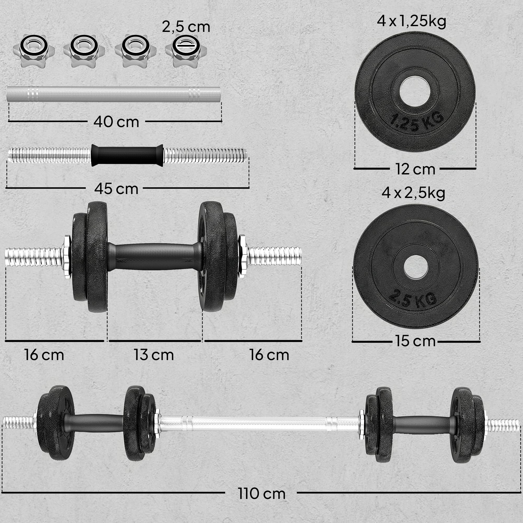 SPORTNOW Ensemble d'Haltères 2-en-1 20 kg Poids Réglables Noir | Kit Haltères Musculation, Barre d'Extension Acier, Poignée Antidérapante, Musculation, Haltérophilie