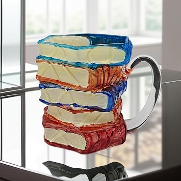 Vintage Embossed Coffee Mugs，11 Oz Oats Containers Tea Cups with Spoon，Clear Glass Cups for Cappuccino, Latte, Cereal, Yogurt, Beverage Hot/Cold (Book Mug)