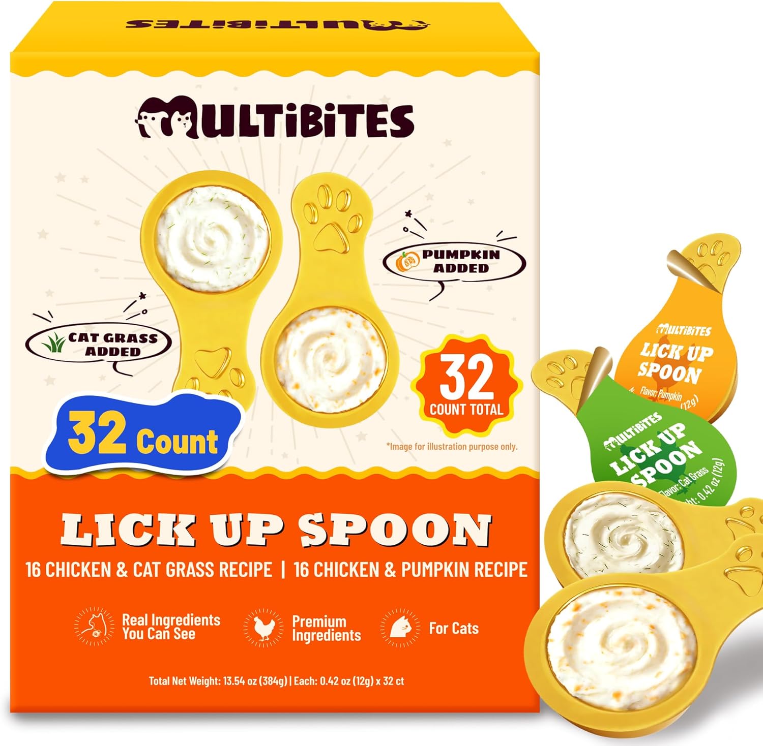 Lickable Cat Treats with Lick-Up Spoons, Healthy Wet Cat Snacks for Digestive Support, Grain-Free Kitten Treats with Taurine & Vitamins, Cat Grass & Pumpkin Variety Pack (32 Spoons)