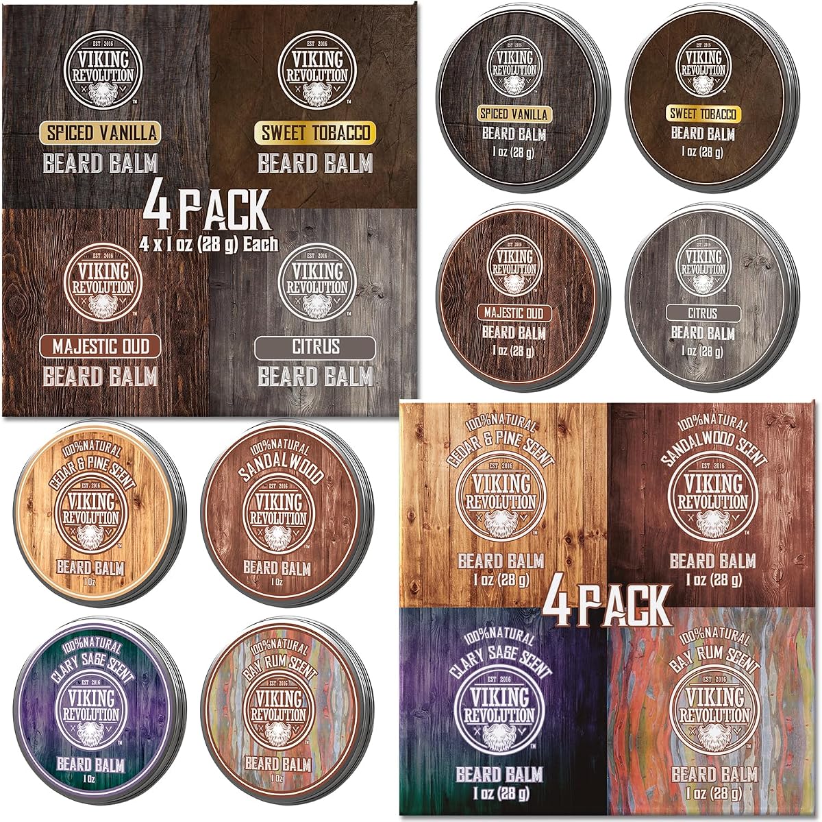 Paquete variado de bálsamo para barba Viking Revolution (1 oz cada uno) - Estiliza, fortalece y suaviza la barba - sándalo, pino y cedro, ron de laurel, salvia, vainilla especiada, tabaco dulce, oud majestuoso, cítricos