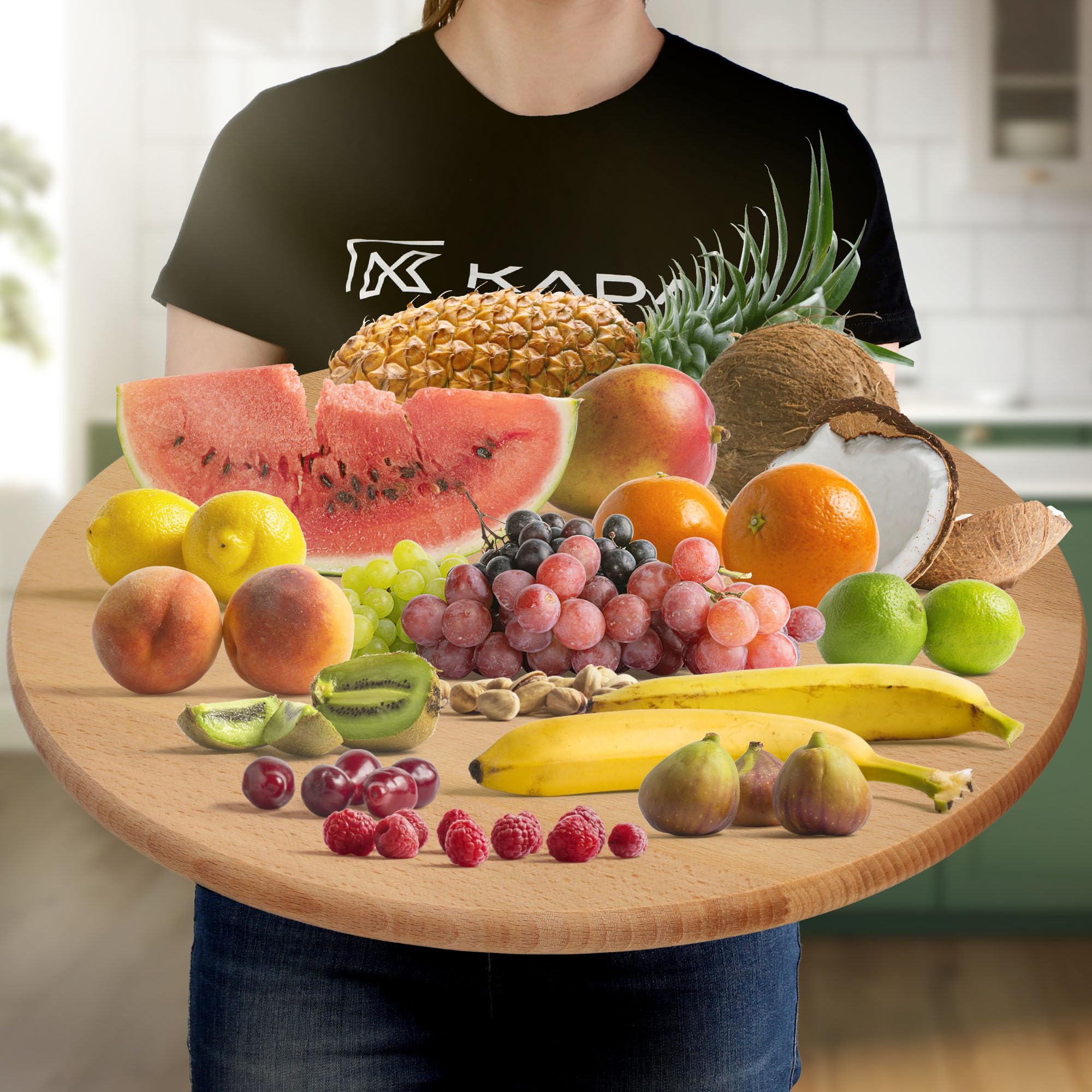 KADAX drehbare Servierplatte, Drehteller aus natürlichem Holz, antibakterielle Drehplatte, klingenfreundlicher Servierteller, Snackteller zum Servieren (ø 60cm)