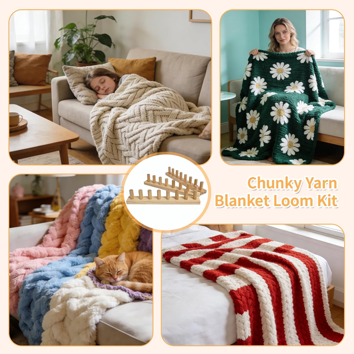 New 60" Chunky Yarn Loom with Tags, Beginner Hand Knitting Loom with Detachable Wooden Frame, Adjustable Size No Needles, DIY Blanket Weaving Loom, Premium Wood No Coating