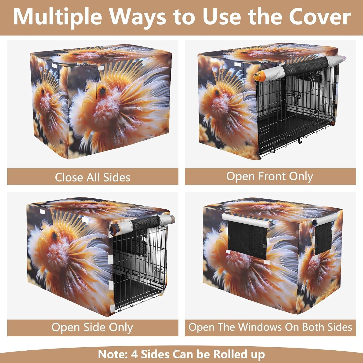 Funny Sea Fish Golden Pet Kennel Cover with Mesh Windows, Washable Dog Create Cover, Large
