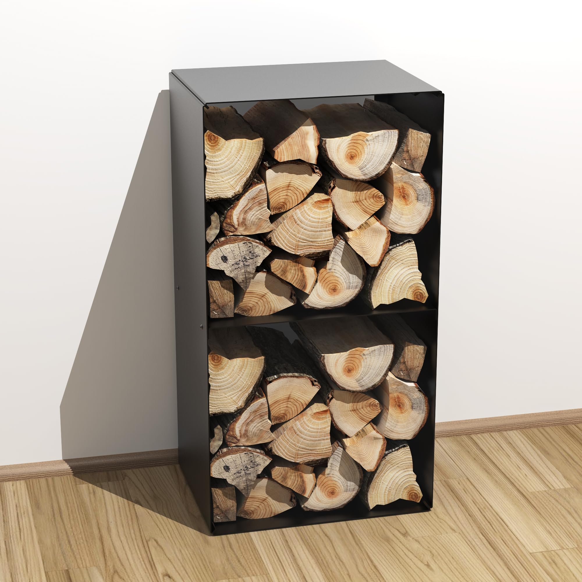 teileplus24 BHS7 Kaminholzregal Innen Außen | Brennholzregal Metall | Kaminholzkorb | Industrial Look | Wandmontage | Freistehend, Modell:Schwarz