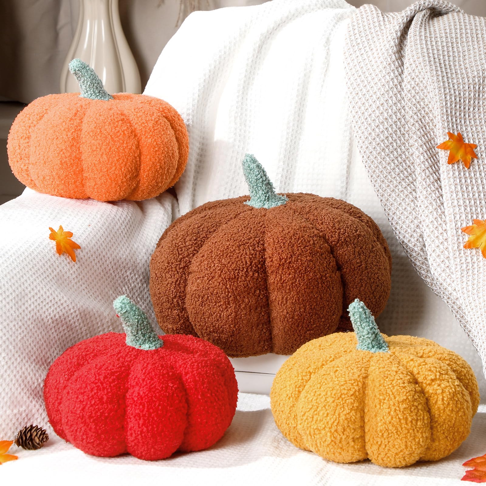 Kajaia 4 Pcs Fall Decor Thanksgiving Pumpkin Throw Pillow Fall Pillow 11 Inches 7 Inches 3D Cushion Thanksgiving Sherpa Plush Fluffy Stuffed for