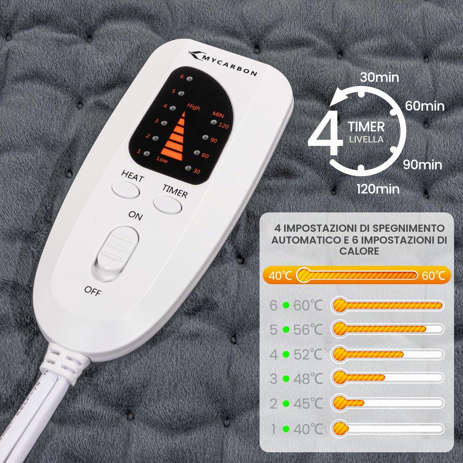 MYCARBON Termoforo Elettrico 92x50cm 6 Temperature 4 Opzioni Timer Cuscino Termico Elettrico per Schiena Cervicale Spalle Pancia Gambe Allevia Dolori Muscolari Lavabile(Grigio)