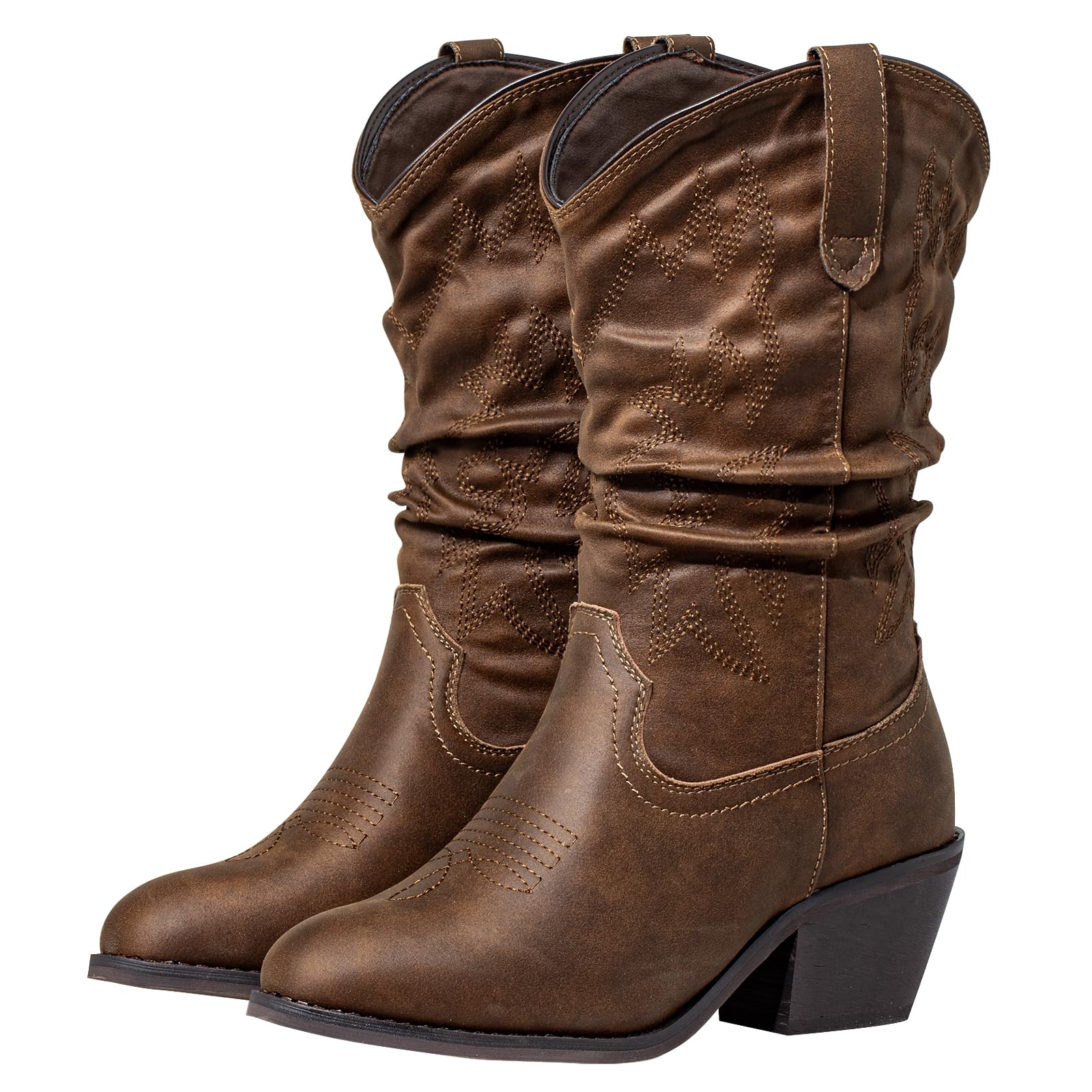 SheSole Cowboy Boots for Women Wide Calf with Pull-Up Tabs - Easy On Off Almond Toe Stable Heel