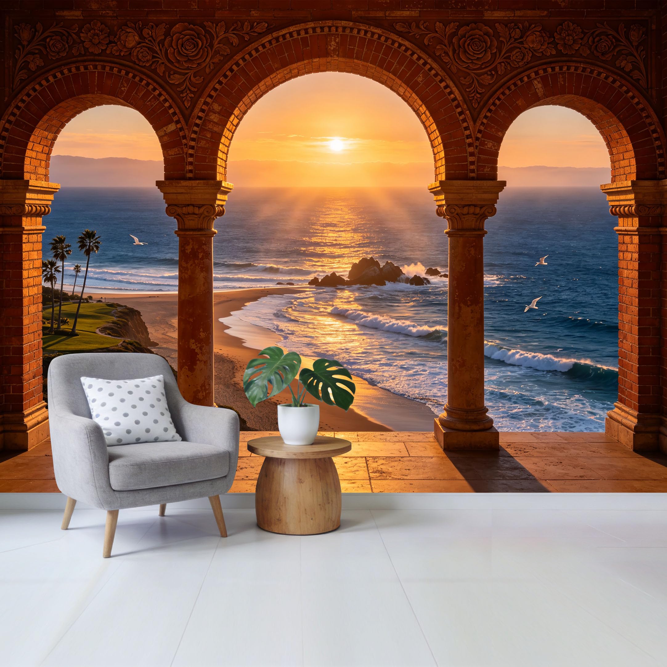 Custom Size Wall Mural Mediterranean Coastal Sunset View Through Brick Archway Removable Self Adhesive Fabric Home Wall Decor for Living Room Bedroom Bathroom