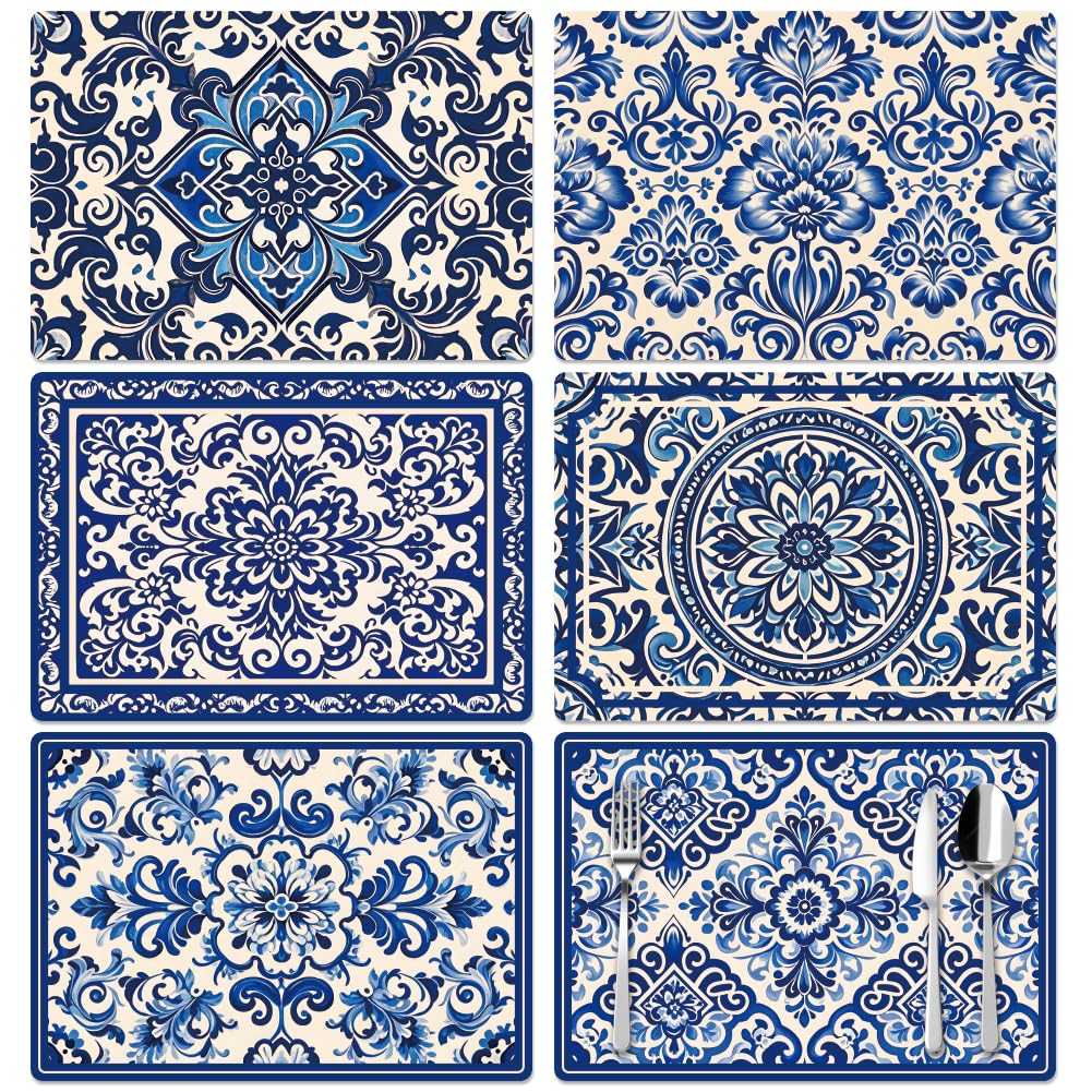 Peacoblue Table Placemats Set of 6,Blue Ethnic Pattern Vinyl Place Mats