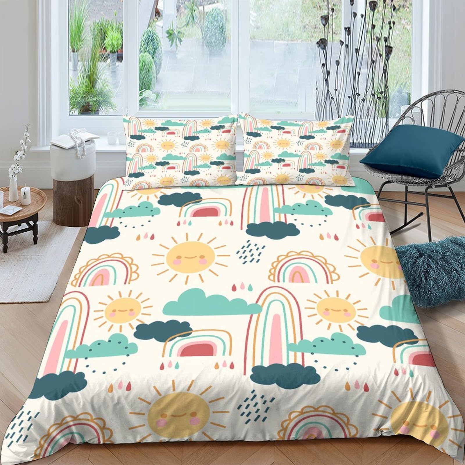 Ctjqhvkz Style-6 3D Printed Rainbow Sunshine Fitted Sheet Microfiber Soft Clouds Bed Cover For Bedroom Guest Room Decor Easy Care Single（135X200cm）