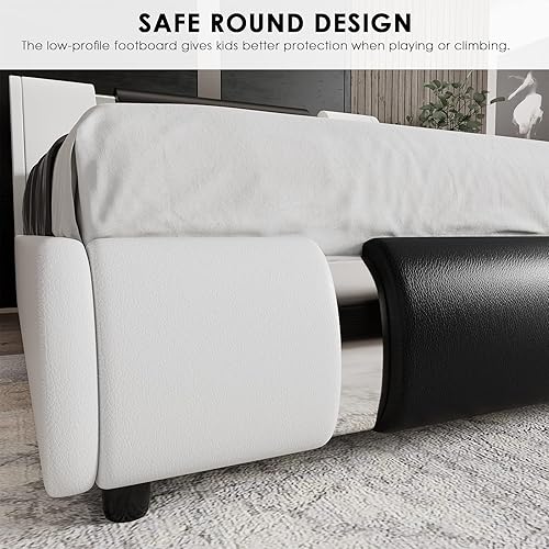 Miniatura 37 de TTVIEW Moderna base de cama tapizada de piel sintética con decoración de metal de hierro, cabecera curvada ajustable, soporte de listones de madera,