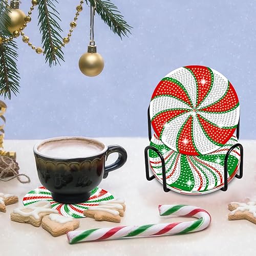 Miniatura 4 de Juego de 10 posavasos de pintura de diamantes de Navidad con soporte 5D para bricolaje, diseño de diamantes de caramelo, posavasos redondos con