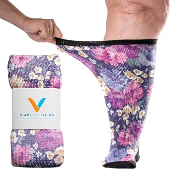 Viasox EasyStretch Diabetic Socks for Men & Women, Non Binding Top, Seamless Toe, Loose Fit, Floral