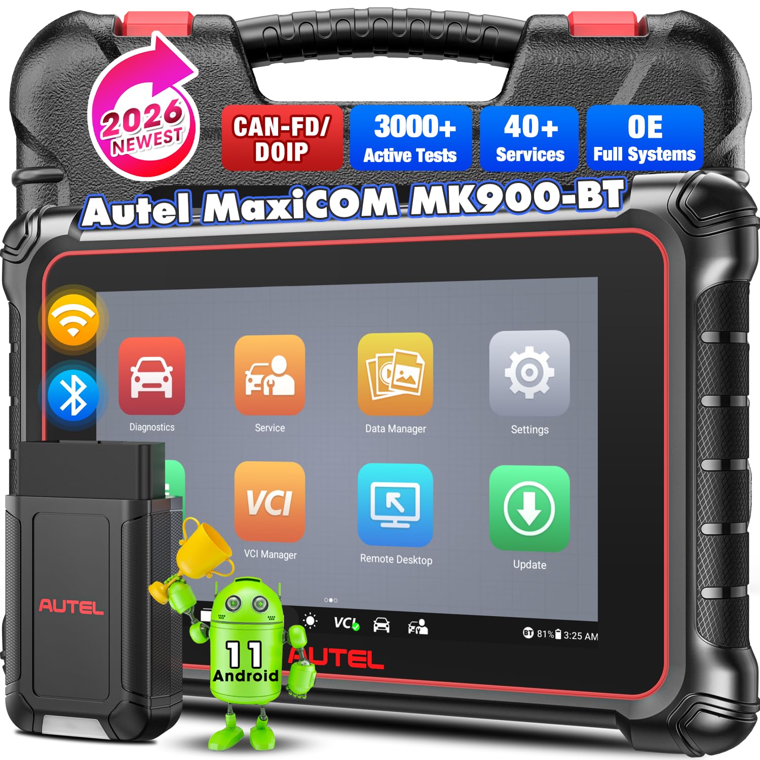 Autel Scanner MaxiCOM MK900BT: 2026 8in MK900-BT V2.0 Bidirectional Scan Tool, 33ft BT Ver. of MK900 MX900 MK808S MK808BT PRO MX808S MK808Z, 40+ Service, 3K+ Active Tests, DOIP CANFD, All System, FCA