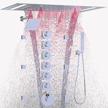 HOMEDEC High Pressure Dual Shower Head Set, 14x20" LED and 6" Showerheads, 6 Independently Controlled Diverter Valves with Digital Display, Chrome