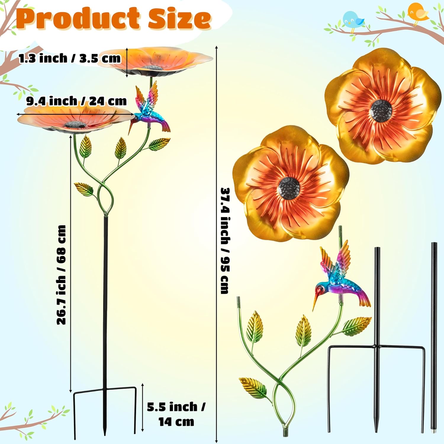 37.4 Inch Floral Metal Bird Bath for Outside - Standing Bird Feeder with Dual Flower Bowls Detachable Birdbath with Hummingbird Decor Metal Stake Base for Garden Yard Outdoor (Yellow)