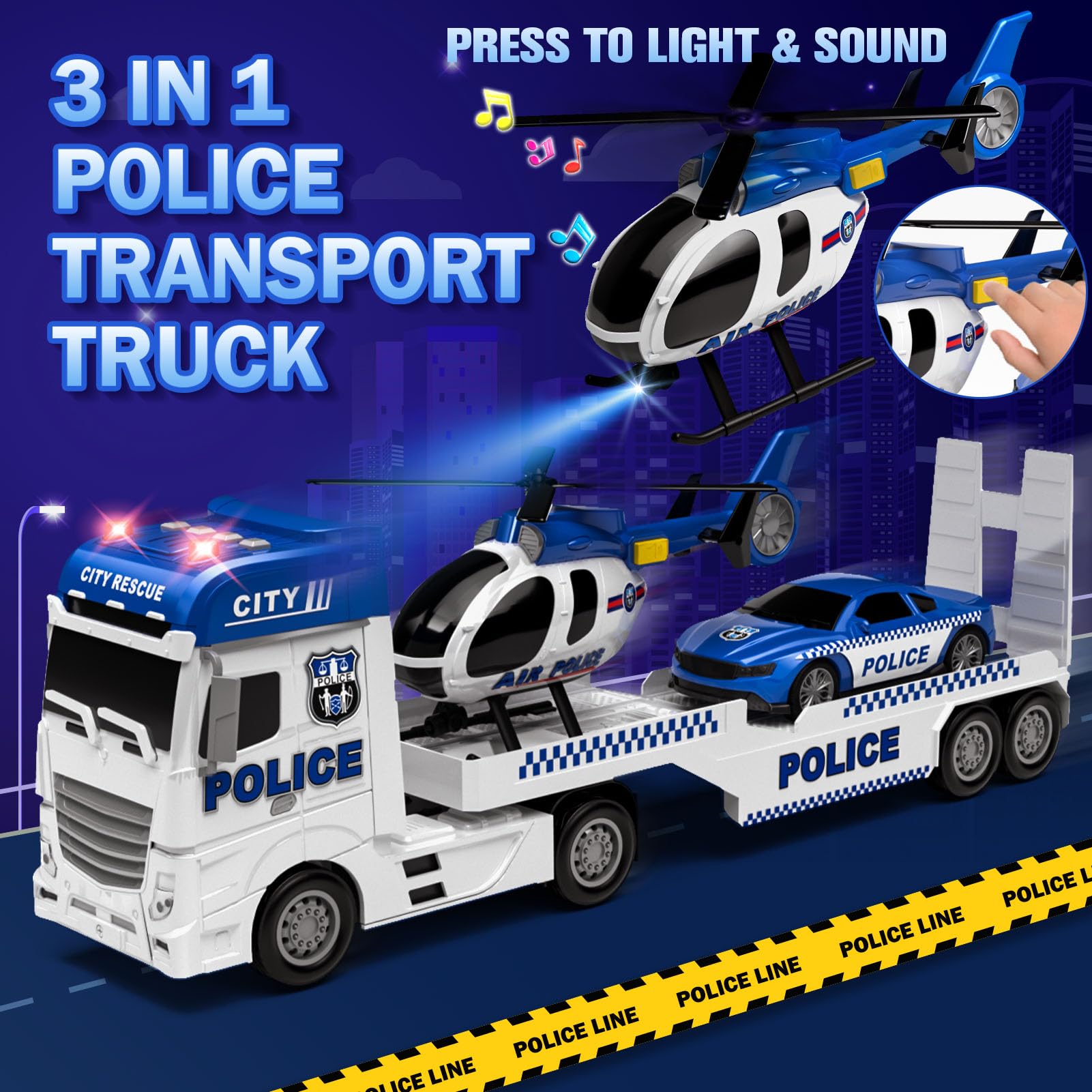 Tacobear 3 en 1 Camion Police Hélicoptère Voiture - Transporteur Jouet 2-6 ans