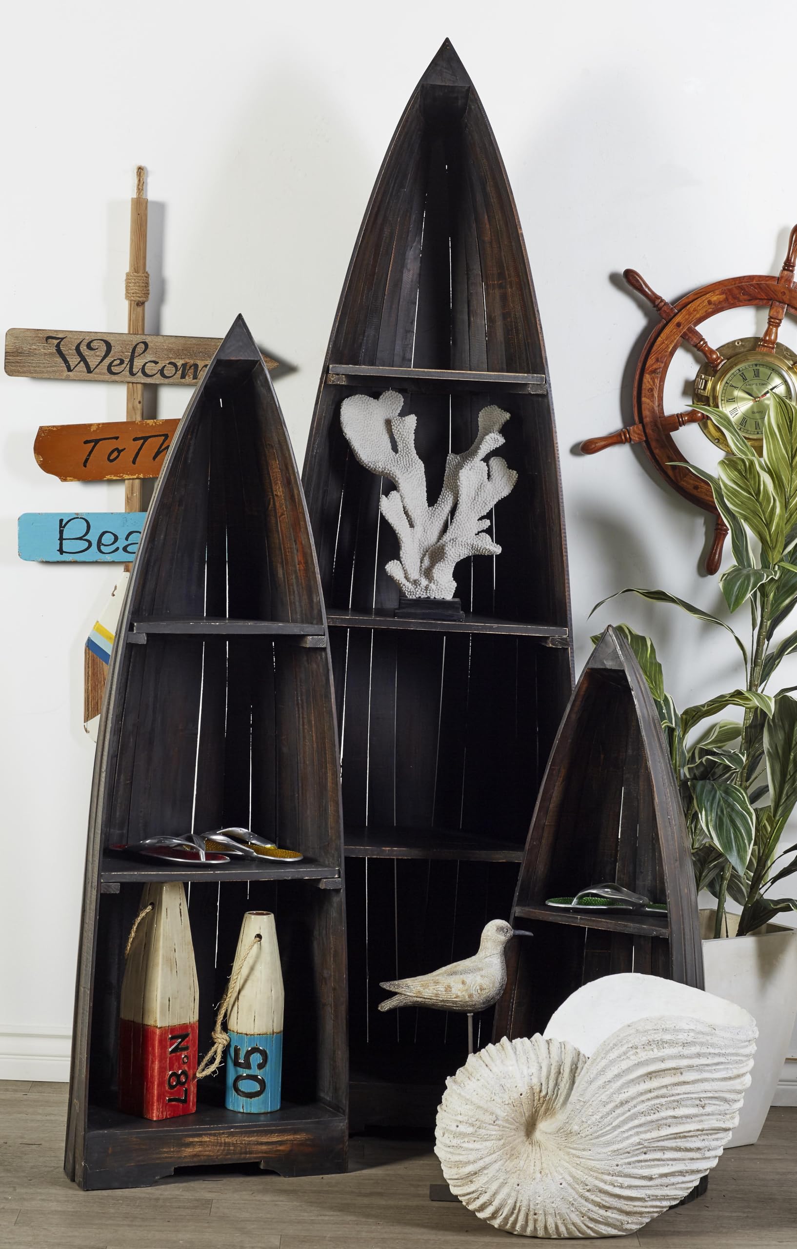 Deco 79 Wood Boat 6 Shelf Shelving Unit, Set of 3 77
