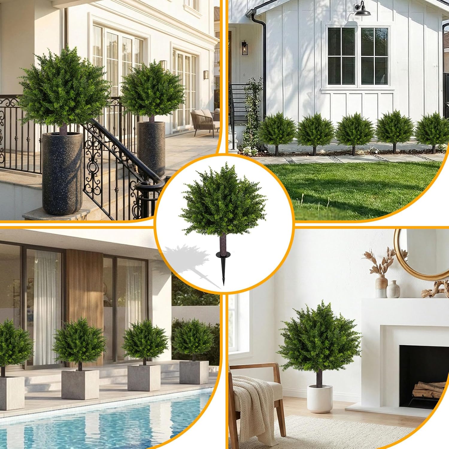24.5 Inch Set of 4 Artificial Cedar Topiary Trees,UV Resistant Artificial Outdoor Plants,Artificial Topiary for Outdoors with Ground Spike for Spring Porch Decor（4PCS）