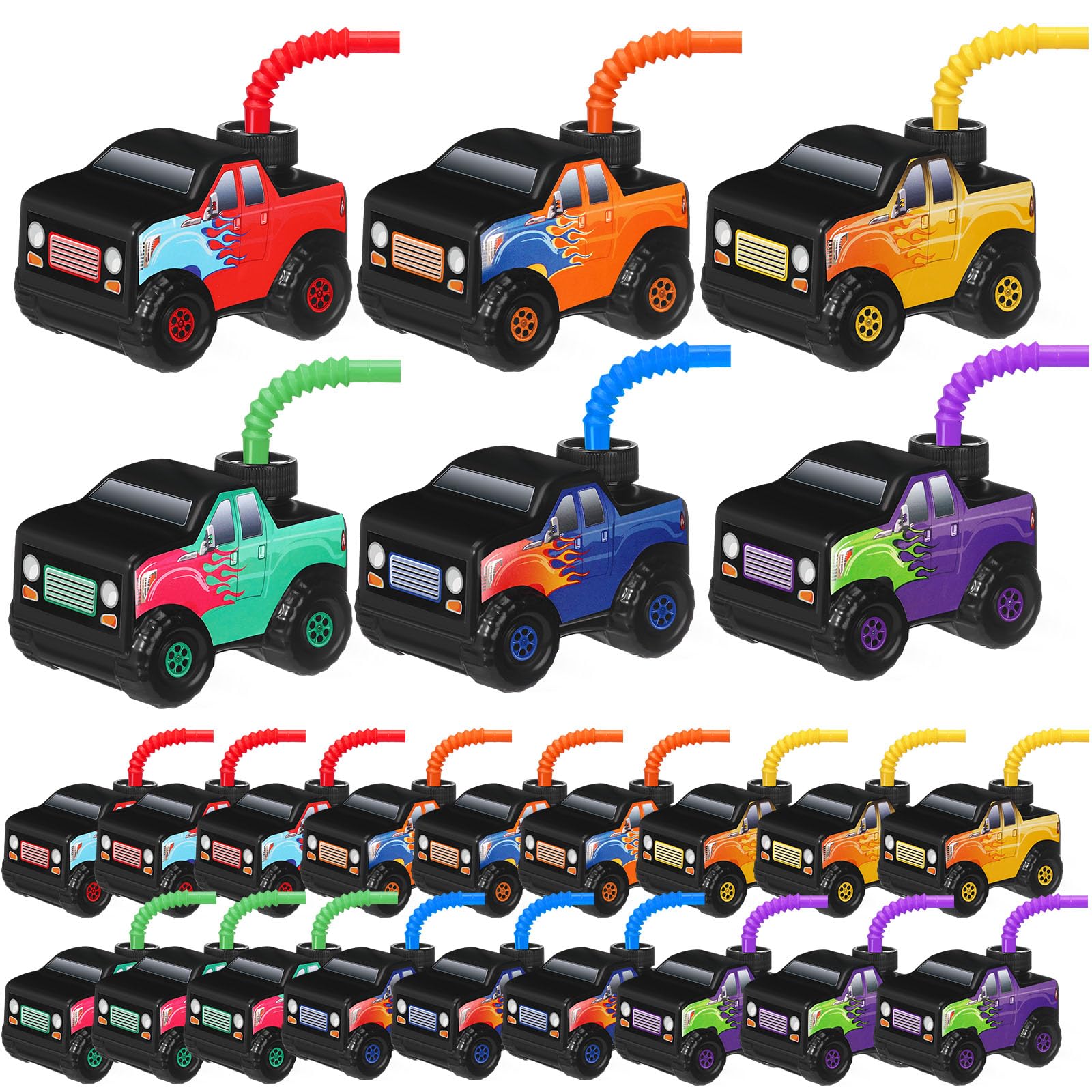 Tanlade Race Car Birthday Party Favor Supplies Truck Off Road Vehicle Cups with Straws, Plastic Off Road Vehicle Drink Cup Reusable Truck Cups Bulk for Racing Party Supplies(Splicing Color,24 Set)