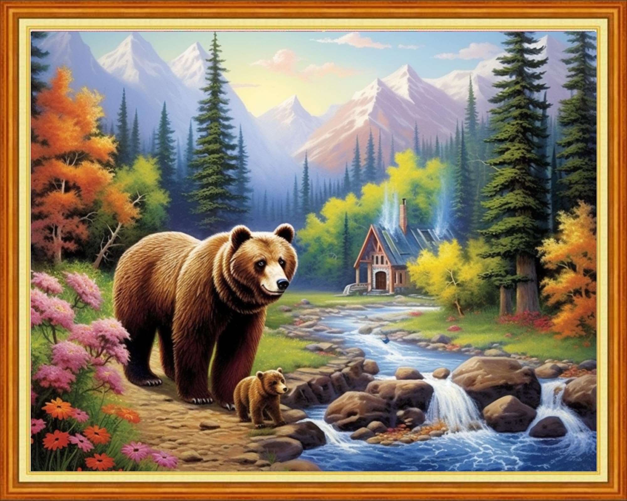 DMCVIVR Stamped Cross Stitch Kits for Beginners Adults Needlepoint Kits for Beginners Embroidery Kits for Adults Crossstitch Kit for Beginners 11CT-Bear Scenery 16x20 inchs