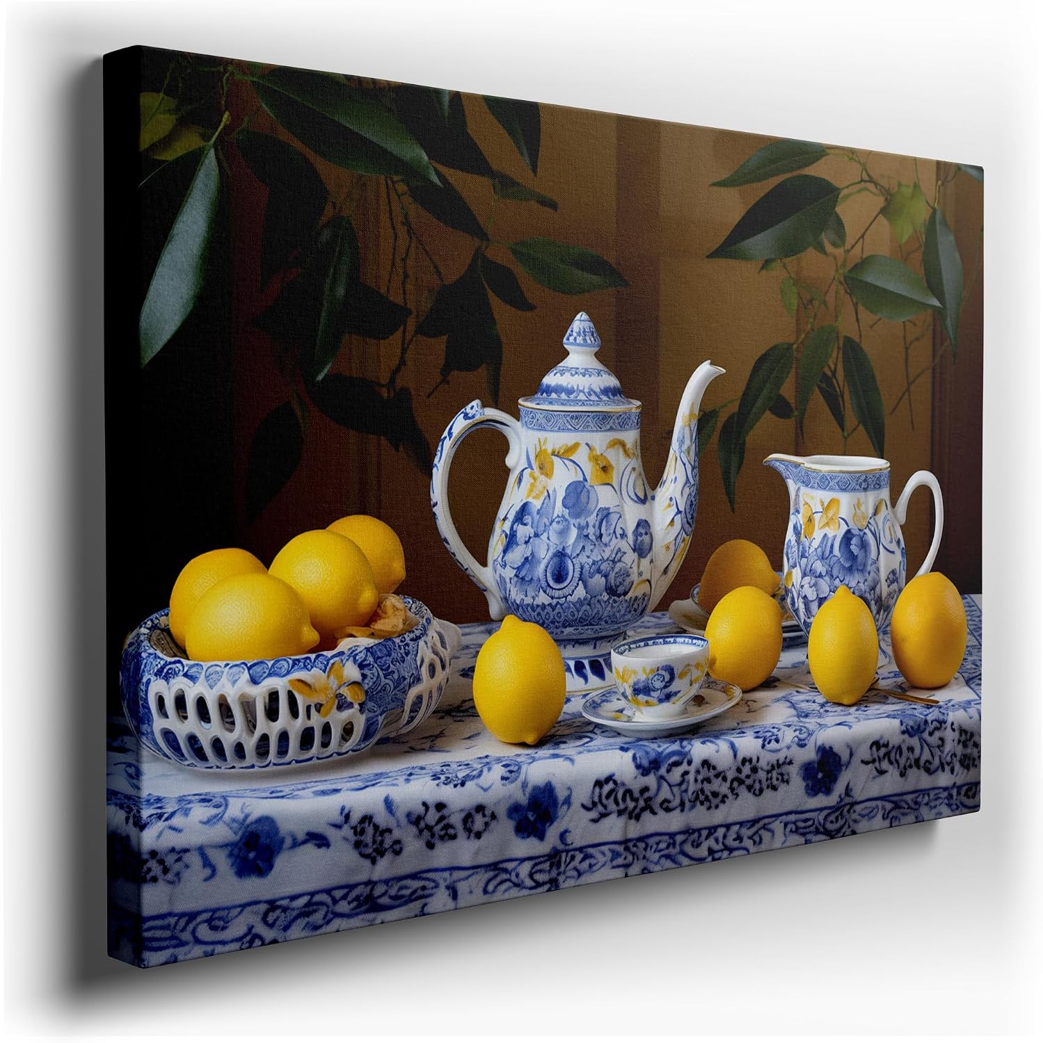 Canvas for Living room. Serenity in Blue: A Refreshing Teatime Tableau with a Zesty Twist, 27 x 18 inch Canvas Wall Art - Ready to Hang