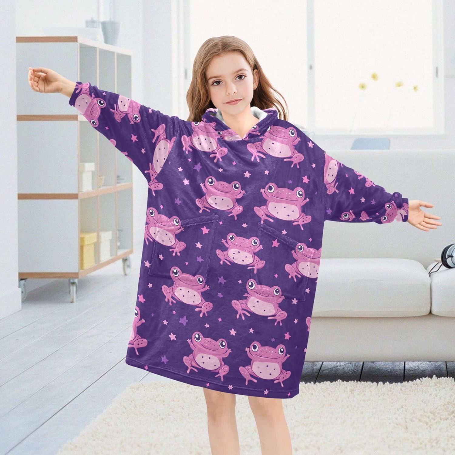 Cute Frog Kids Wearable Blanket Hoodie with Pocket and Sleeves for Toddlers, Cute Hoodies Girls Boys B0404133