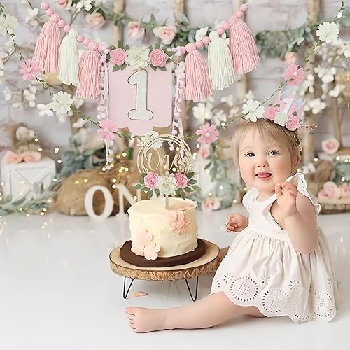 Vista 79 de Juego de decoración de primera fiesta con diseño de margaritas bohemias para silla de bebé, decoración de primera fiesta con adorno de pastel hecho