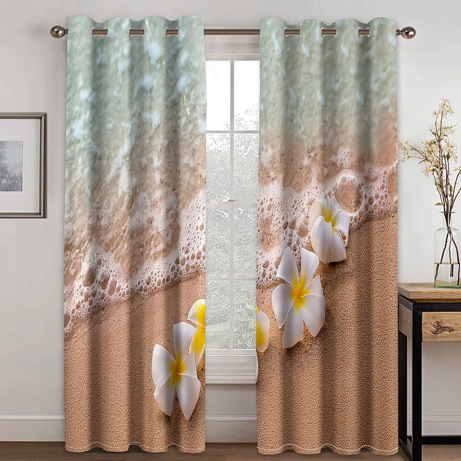 Blickdichter Vorhang Thermo 2 Stück,2 x 96W x 138H cm,Ösen Vorhänge Küche Strand Blumen Landschaft Khaki Vorhang