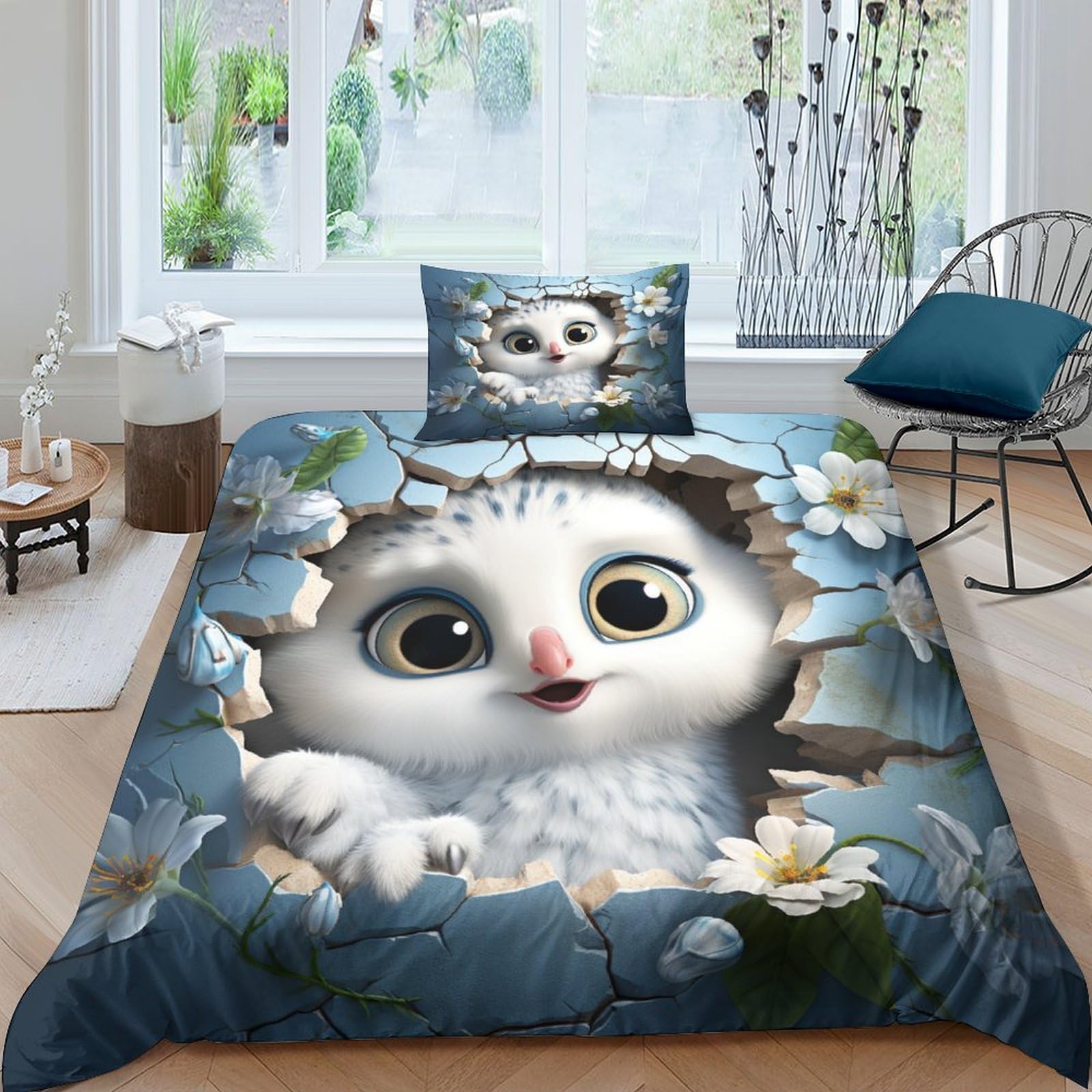 Housse de couette lit simple motif hiboux pour chambre d'enfant et adolescent