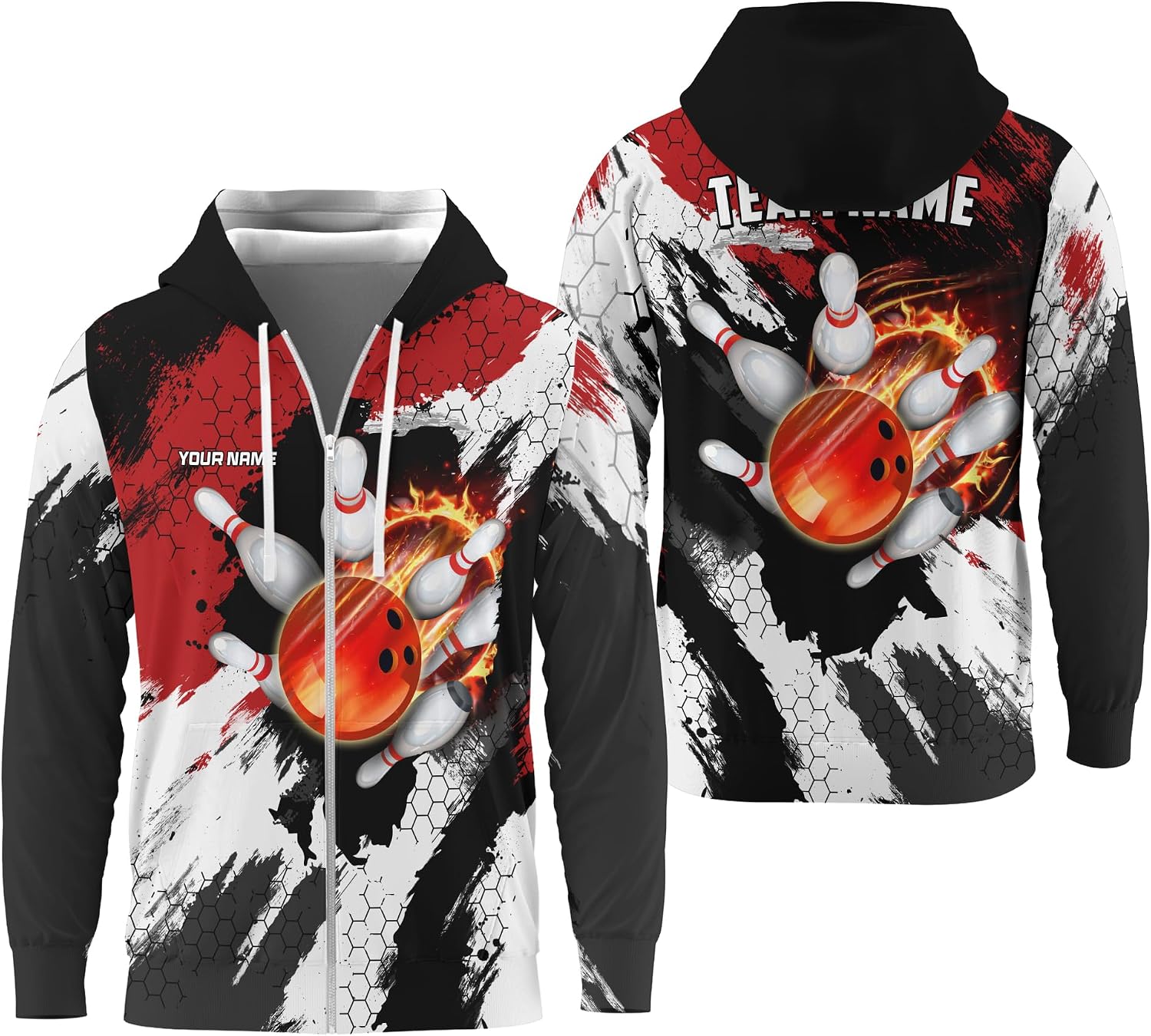 Unisex Bowling Pin Zip Hoodie Print Hooded Jacket with Bowling Ball in Flame Graphic On it For Bowling Lover