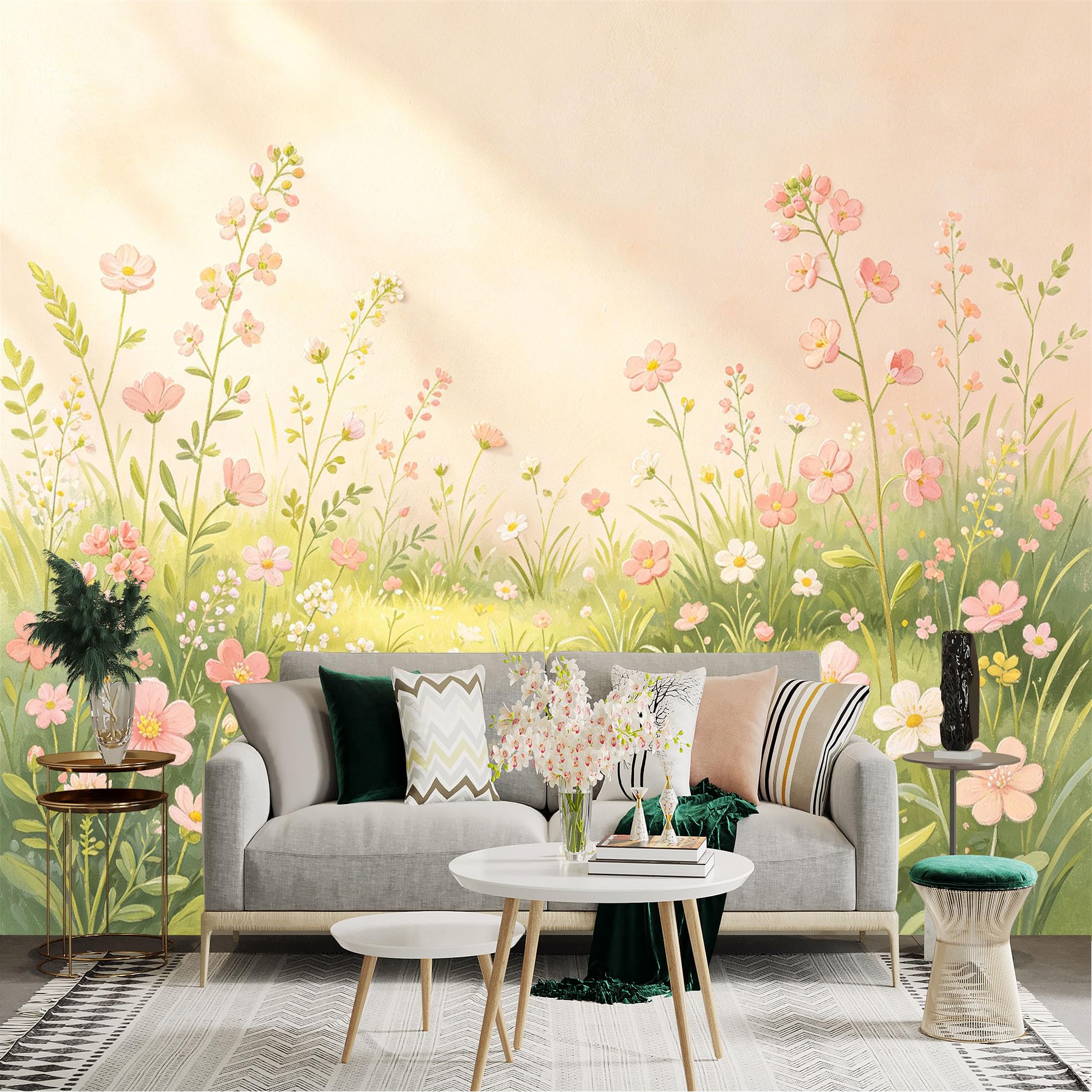 Lnzczhyre Dbh260521847 Custom Size Wall Sticker Mural， Soft Watercolor Flowers， Spring Meadow Scenery， Pastel Botanical Art， Blooming Wildflower Field， For Wall Decoration， Peelandstick Wall Decals.