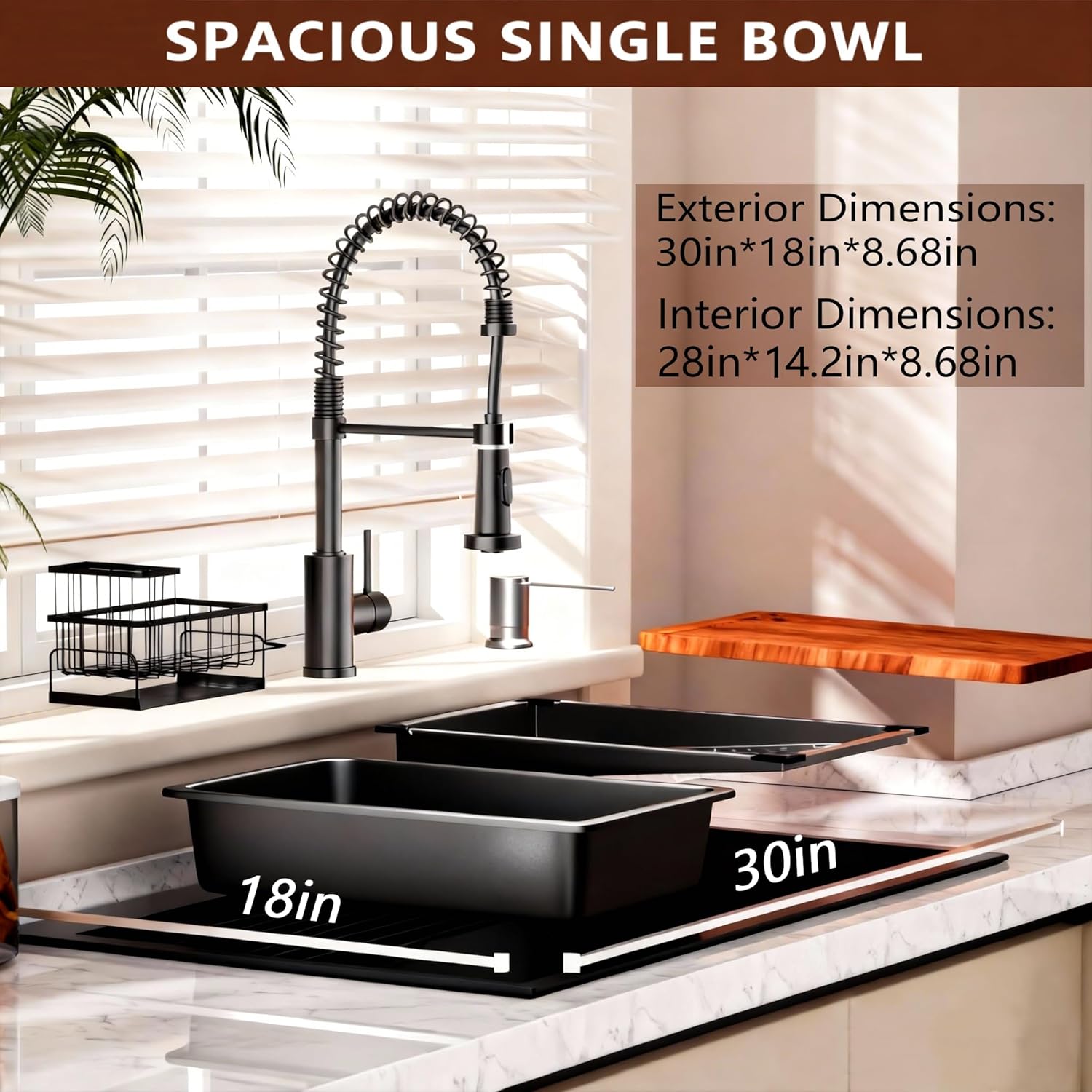 Black Kitchen Sink Drop-in with Accessories: 30x18 Workstation Sink Drop-in Kitchen Sink Stainless Steel Deep Single Bowl with Cutting Board & Pull-out Faucet for Family Kitchen