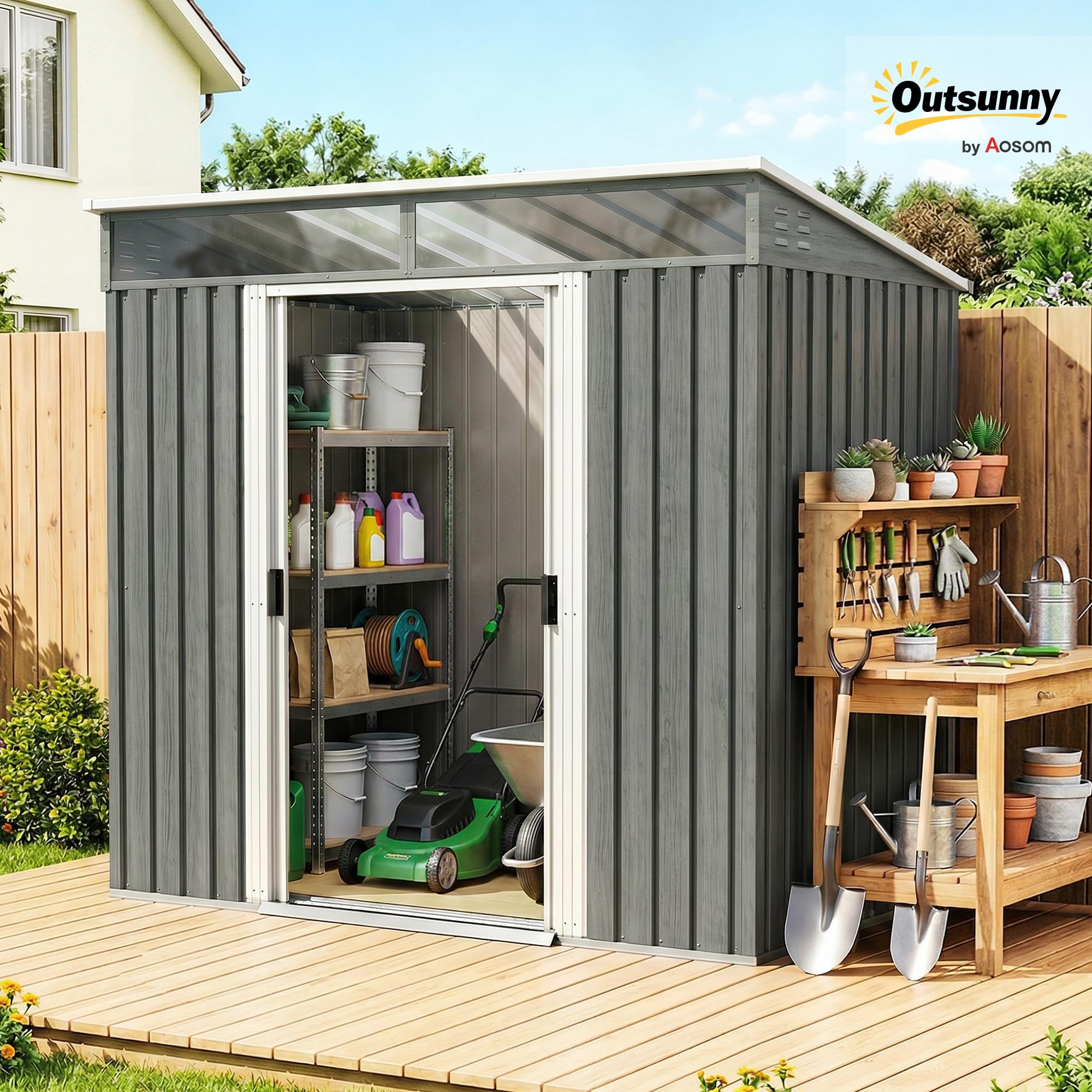 Outsunny Caseta de Jardín Exterior 2 m² 195x122x181,5 cm Gris Claro | 2 m², Cobertizo de Jardín Exterior Metálica, con Base SIN SUELO, 2 Puertas Correderas, Ventanas, Ganchos para Herramientas