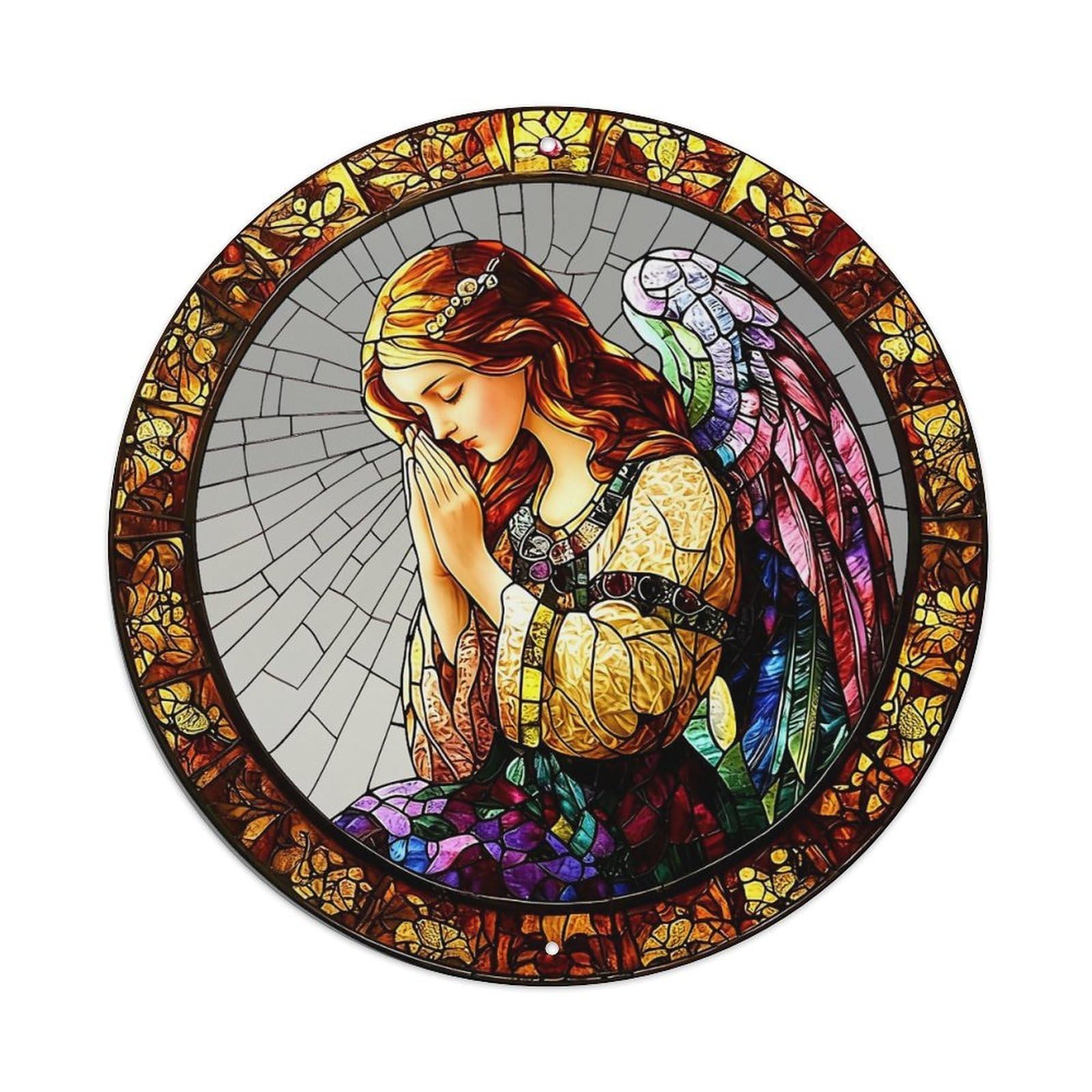 Stained Glass Angel Prayer Window Round Tin Sign Vintage Metal Sign Home Bar Garden Indoor & Outdoor Wall Decor Retro Metal Poster 8x8 Inch