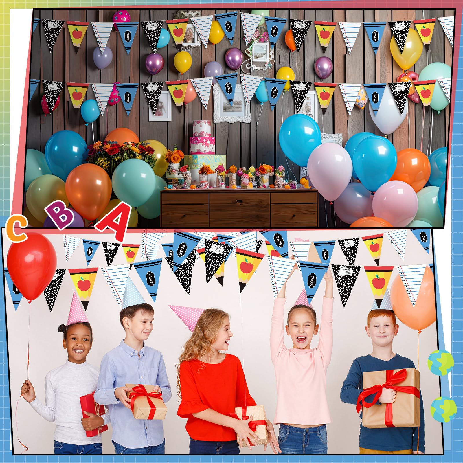 Hahafelt 5 pancartas decorativas para el primer día de clases, decoración de aula, lápiz, regla de crayón, cuaderno, guirnalda para fiesta de graduación