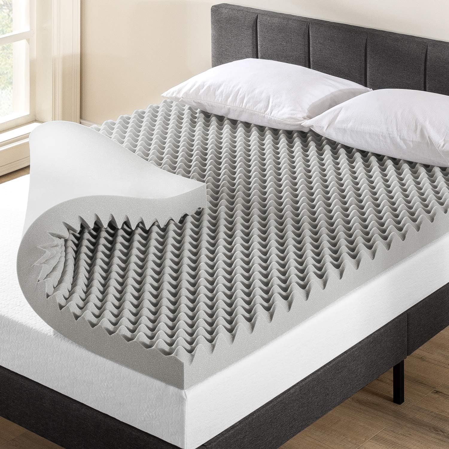 Best Price Mattress Mellow 4 Inch Egg Crate Memory Foam Mattress Topper with Infusion, Twin, Charcoal Grey