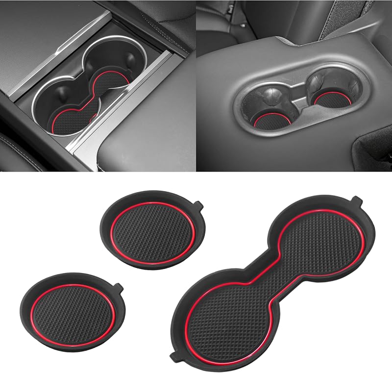 Kit com 3 Porta-Copos de Silicone para Console Central Tesla Model 3 2021–2023 e Model Y 2021–2025, Borda Vermelha SENSHINE