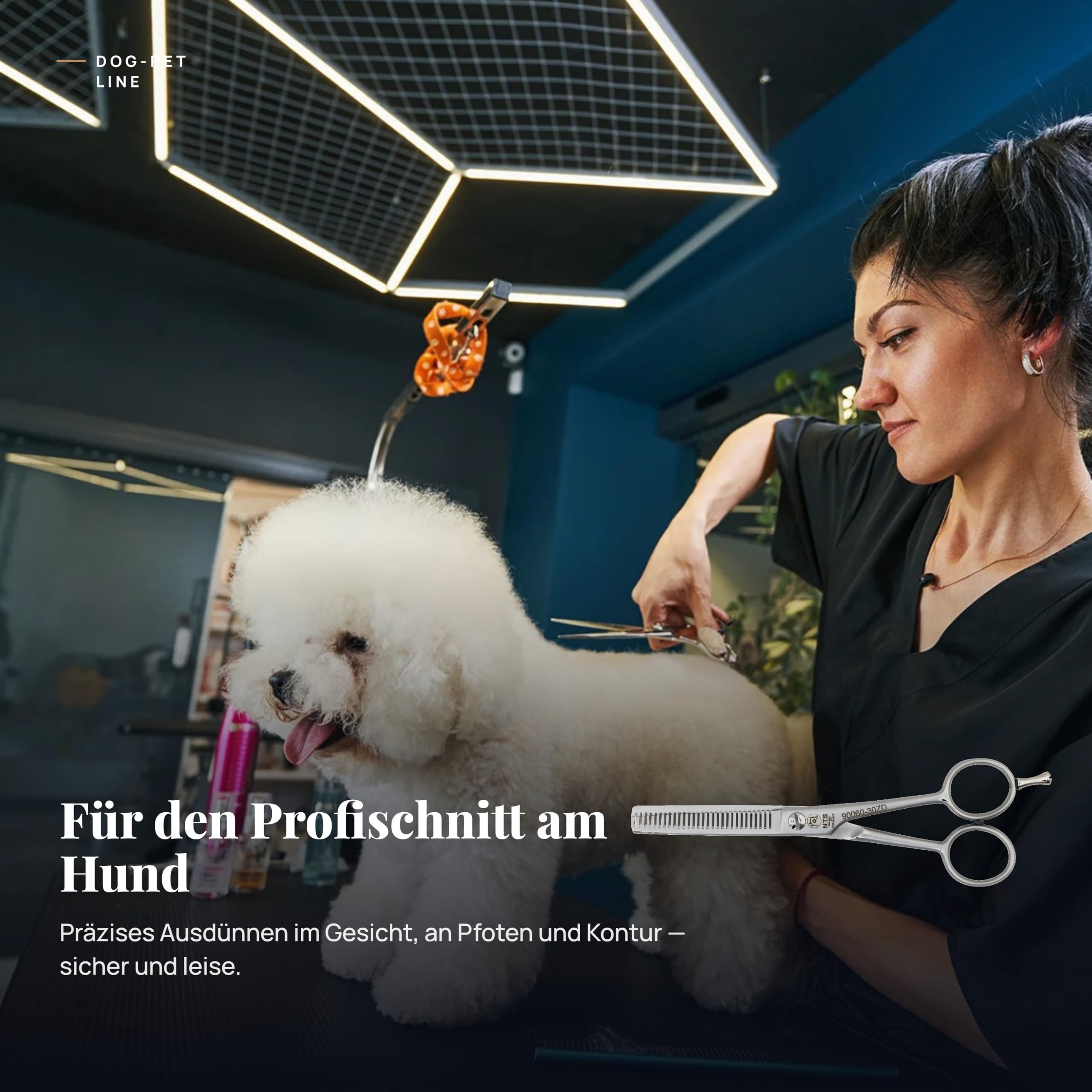 Hundeschere/Fellschere - Dog-Pet Line ROSTFREI, matt satiniert • Fell-Modellierschere (Zähne doppelseitig) Effilierschere