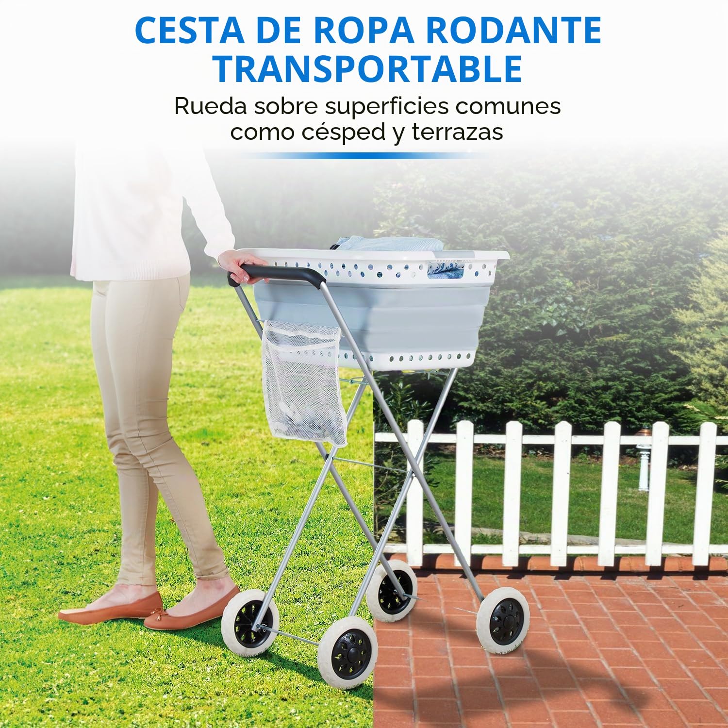 Cesta para la colada con ruedas – Fácil de transportar y colgar la ropa – Ahorra espacio y protege la espalda – Cesta para la colada con dimensiones de 66 x 44 cm aprox