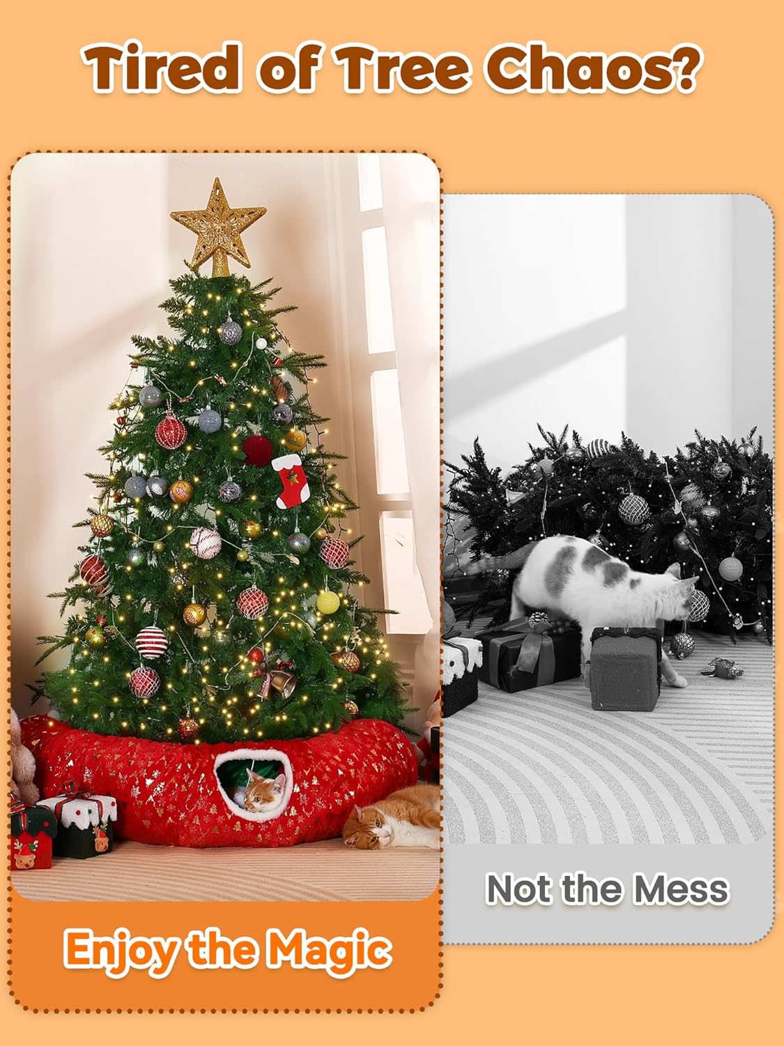 Rywell 3-in-1 Cat Tunnel Christmas Tree Skirt,Soft Plush Tunnel Bed for Indoor Cats Play, Rest & Hide, Foldable Cat Tunnel with Cozy Cushion & Toy Balls, Perfect for Christmas Tree Decor