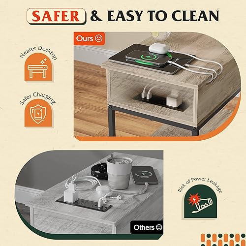 Miniatura 5 de WLIVE Mesa auxiliar estrecha con 2 puertos USB y 2 tomacorrientes, mesa auxiliar abatible con cajón y estantes de almacenamiento, mesita de noche