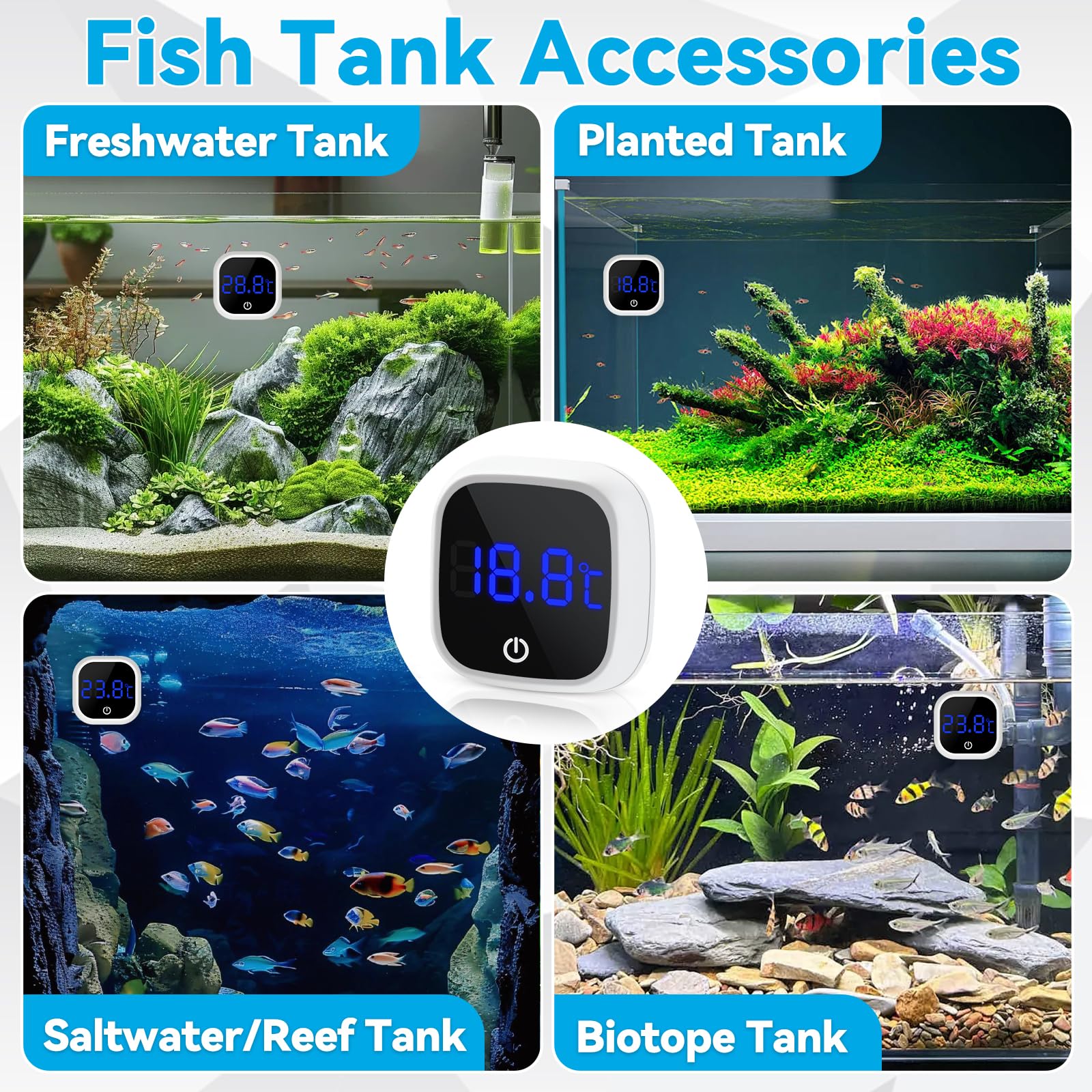 Termometro Digitale per Acquari LED Touch Screen Wireless, Alta Precisione 1℃, per Acquari Tropicali e Rettili, Accessorio Acquario, Bianco