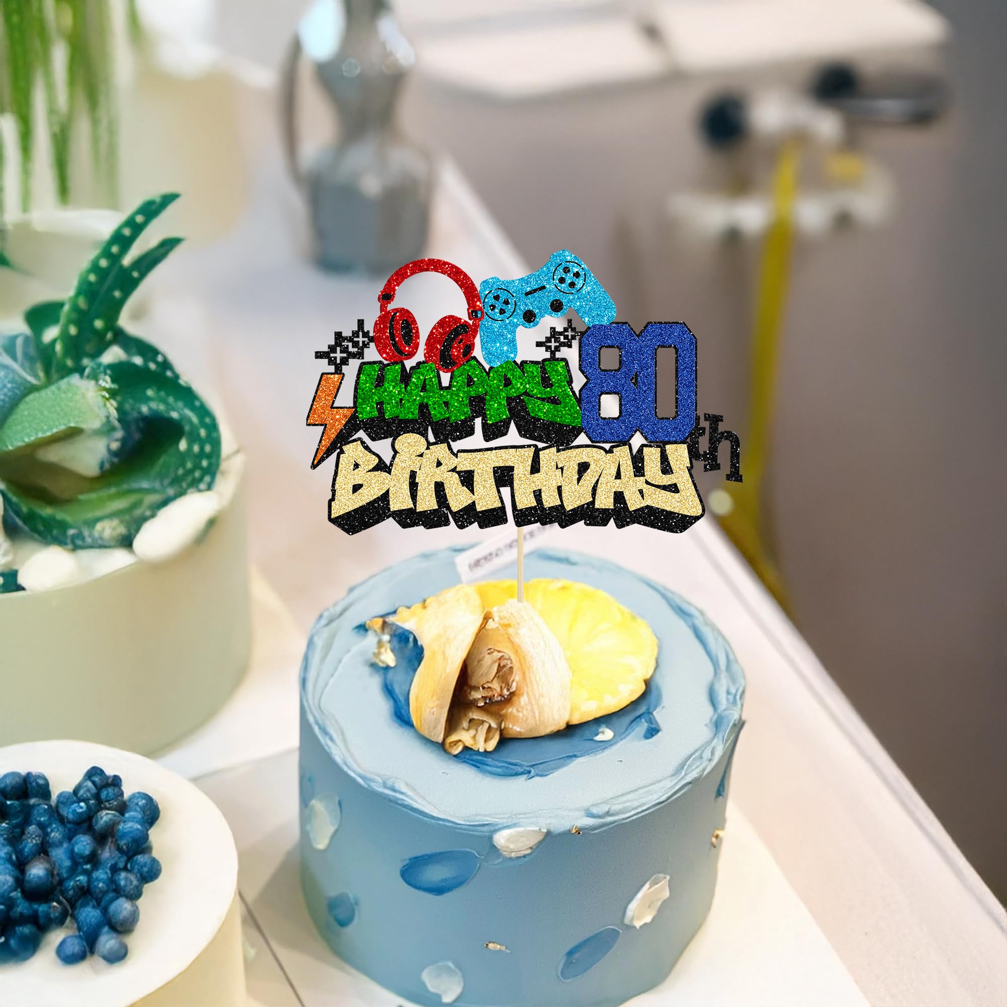 Gyufise 1Pcs Happy 80th Birthday Cake Topper Glitter Video Game Cake Pick Game On Controllers Eighteen Cheers to 18 Years Cake Decoration for Game Theme Happy 80th Birthday Party Supplies 4